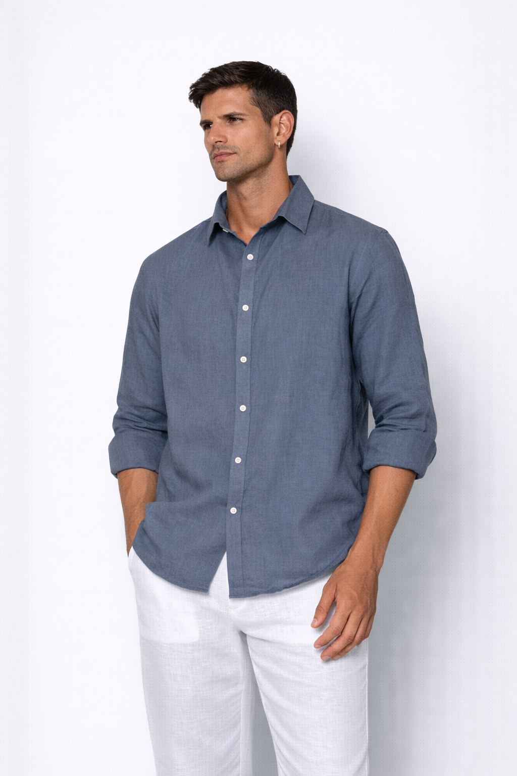 Close-up of linen fabric texture on Monday blue men’s shirt by LININ