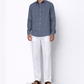 Model wearing Monday blue linen shirt for men from LININ