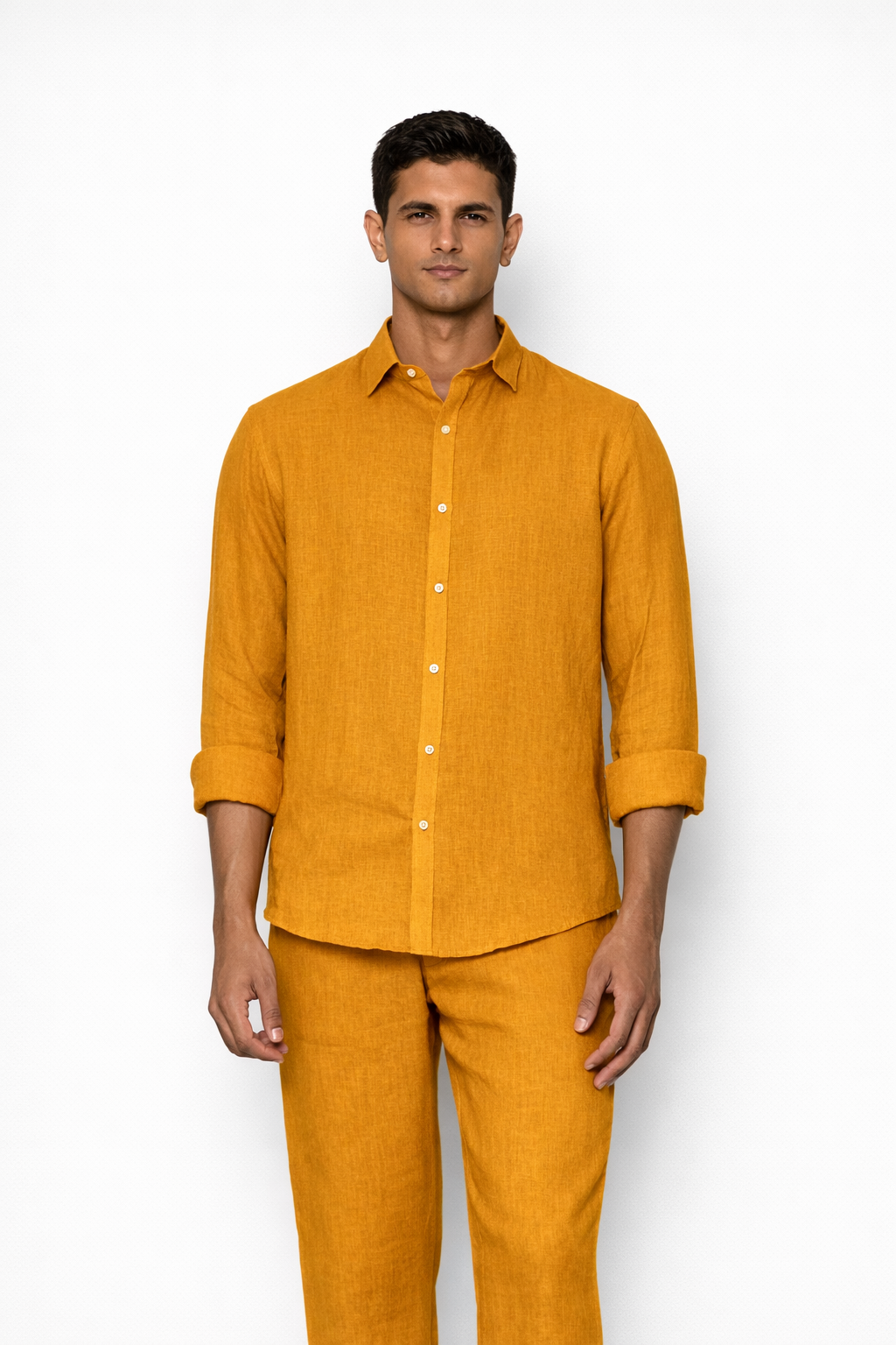 Close-up of mustard linen fabric texture on co-ord set by LININ