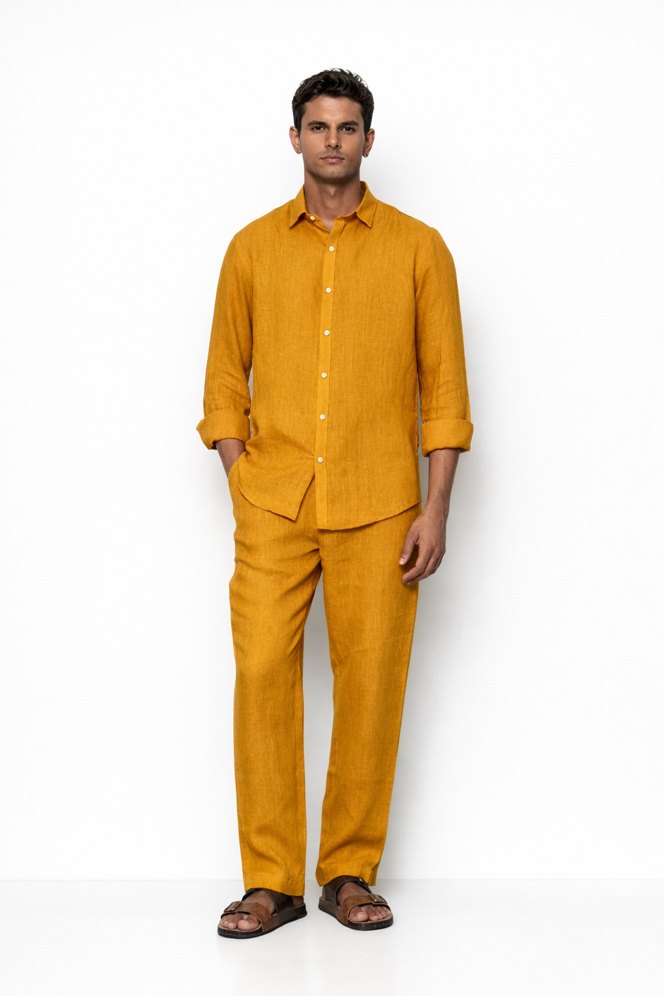 Mustard linen co-ord set for men by LININ – front view