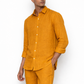 Model wearing mustard linen co-ord set for men from LININ