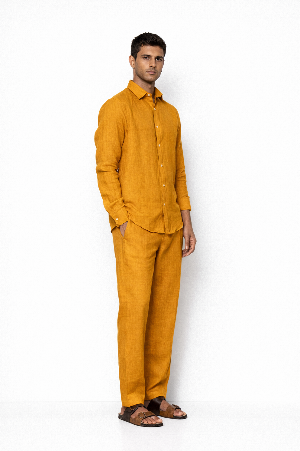 Side profile of mustard linen co-ord set for men by LININ