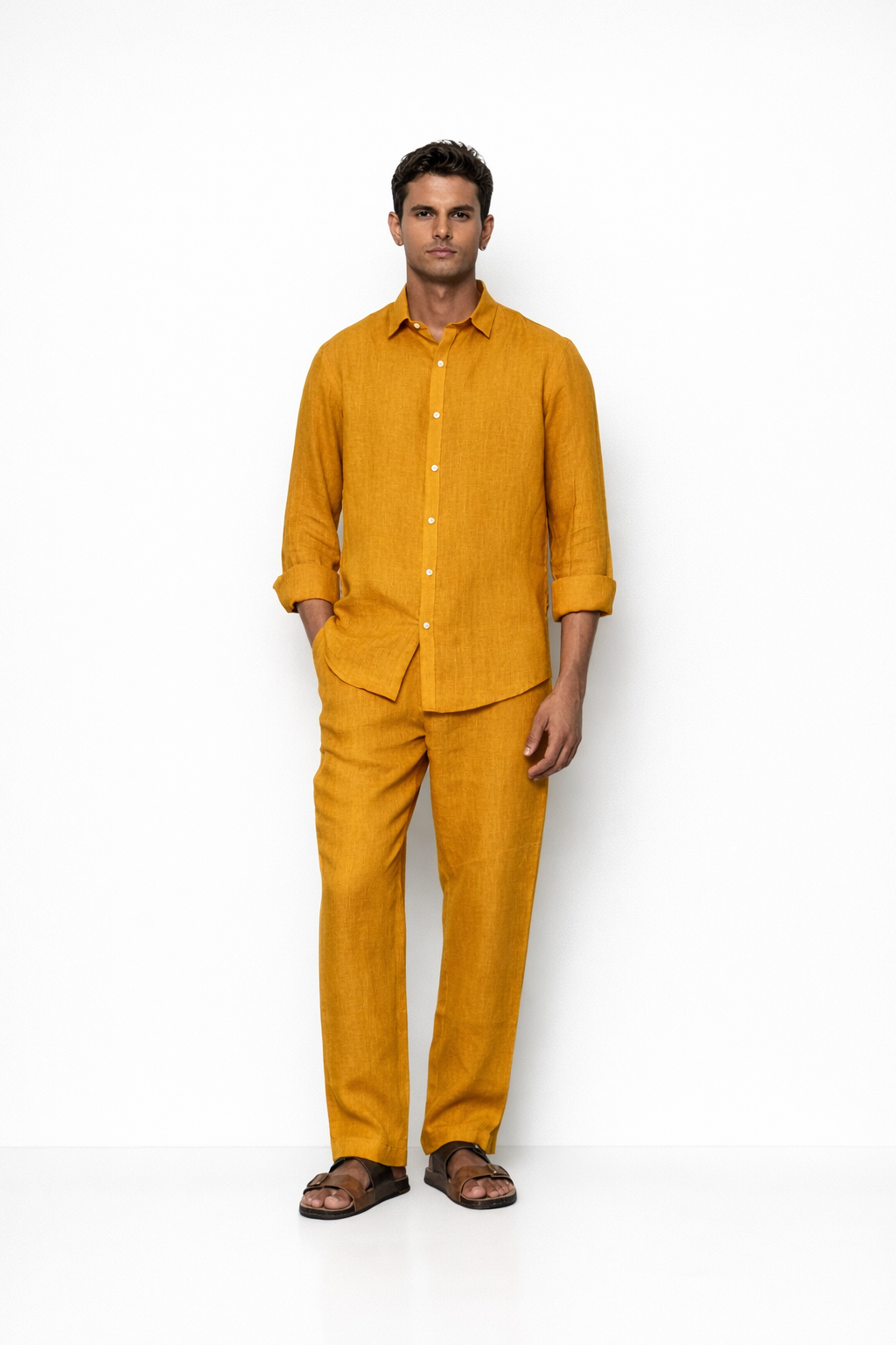 Mustard linen pants for men by LININ – front view