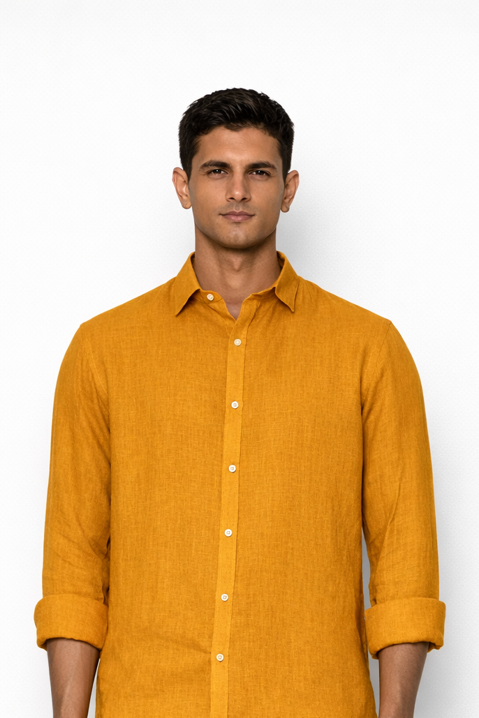 Close-up of linen fabric texture on mustard men’s shirt by LININ