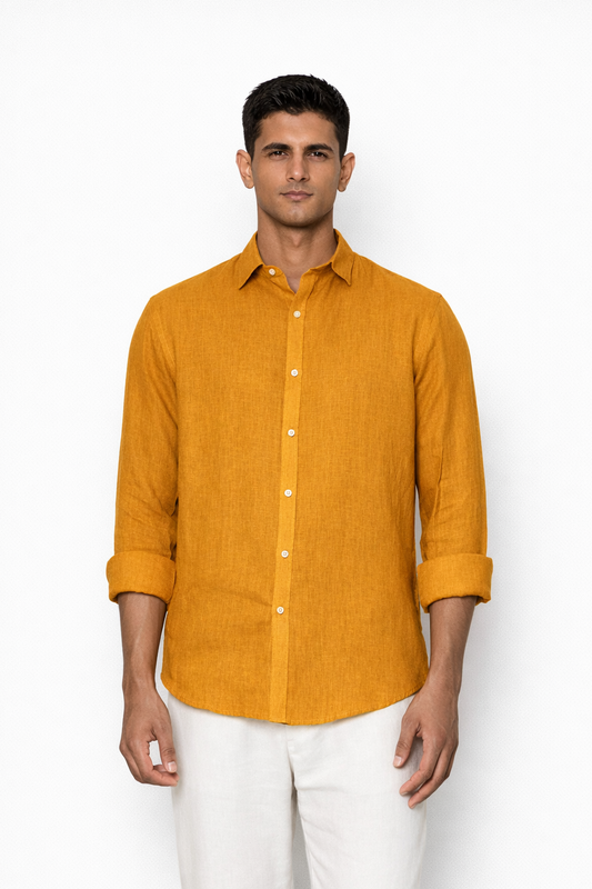 Mustard linen shirt for men by LININ – front view