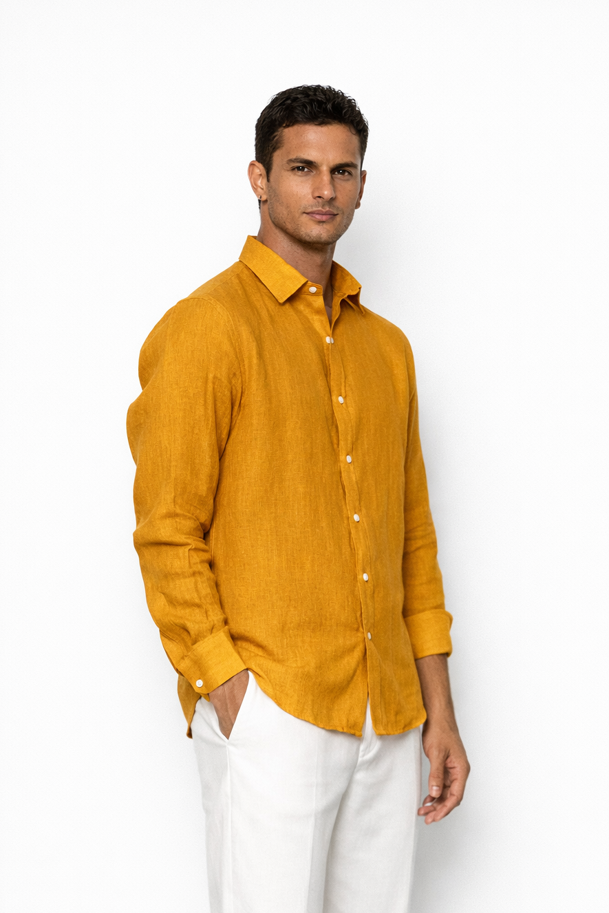 Side profile of mustard linen shirt for men by LININ