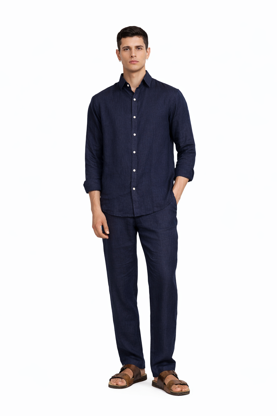 Navy blue linen co-ord set for men by LININ – front view
