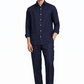 Model wearing navy blue linen pants for men from LININ