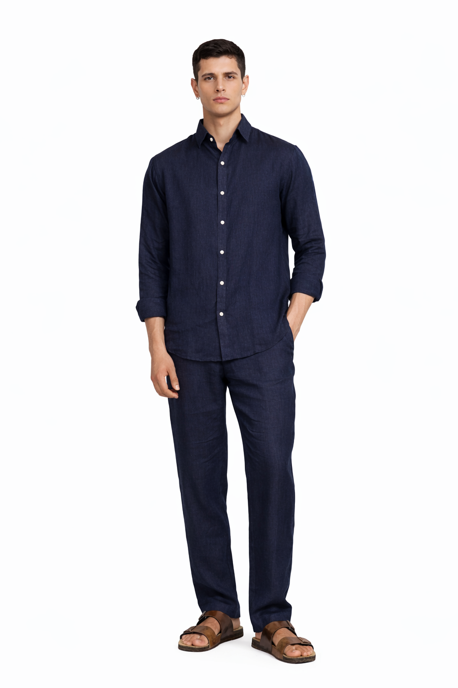 Model wearing navy blue linen pants for men from LININ