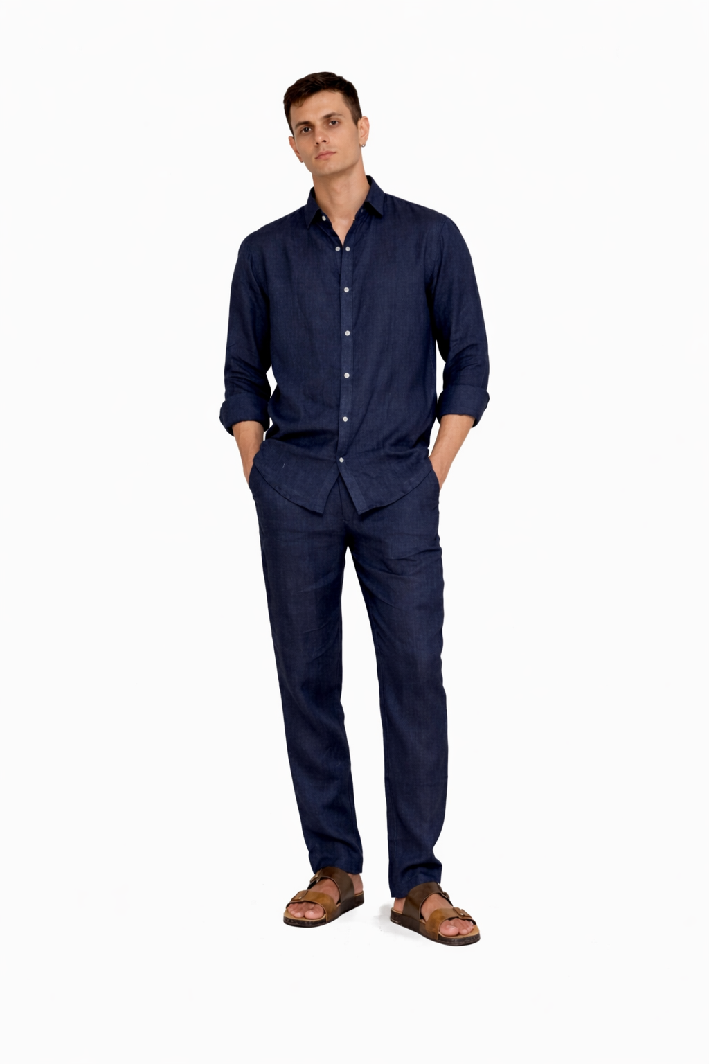 Navy blue linen pants for men by LININ – front view