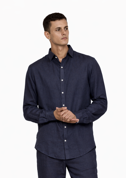 Navy blue linen shirt for men by LININ – front view