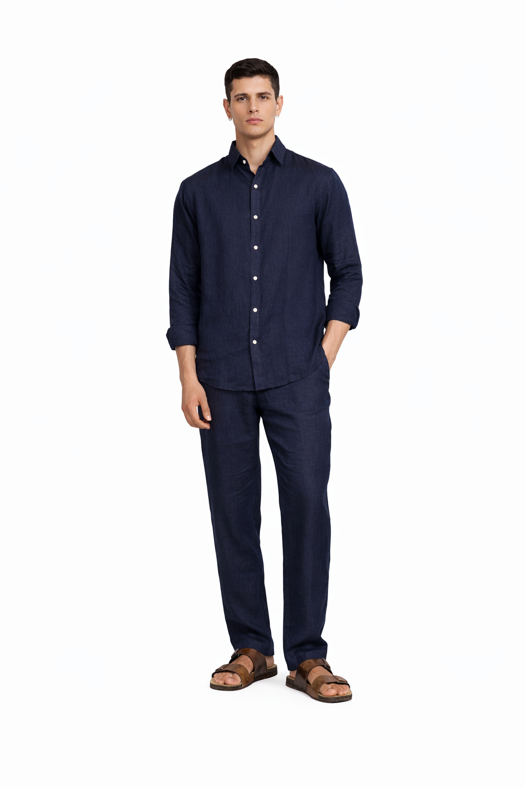 Model wearing navy blue linen shirt for men from LININ