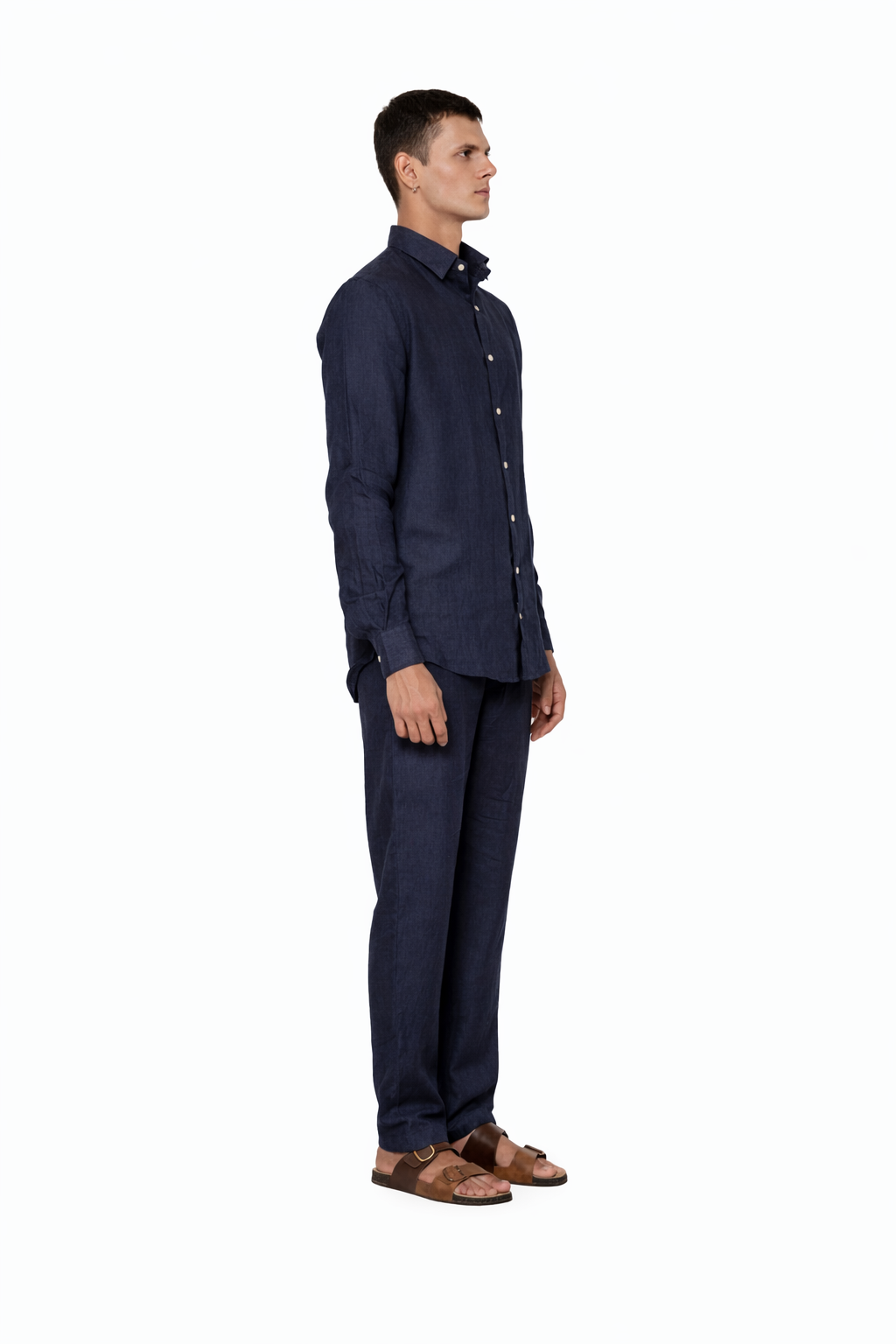 Side profile of navy blue linen shirt for men by LININ