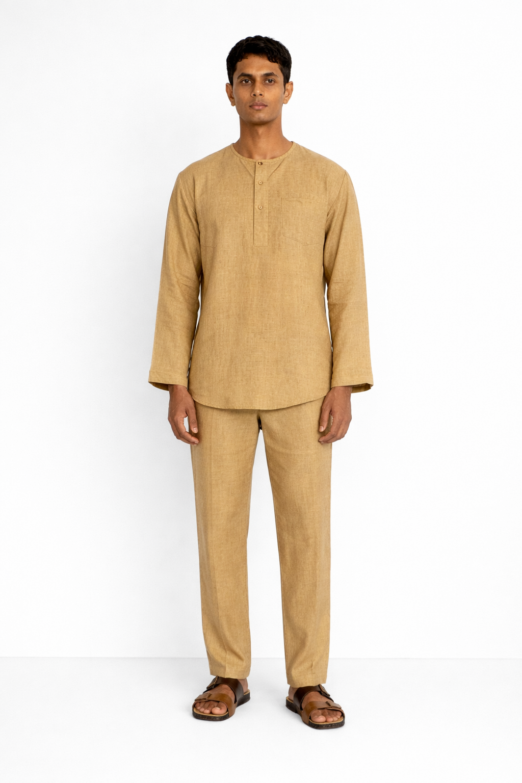 Ochre linen pants for men by LININ – front view