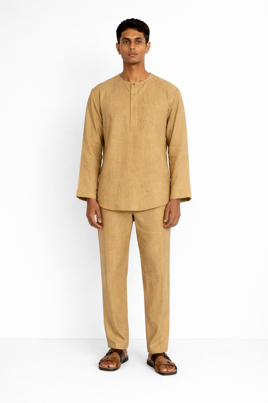 Ochre linen men’s short kurta set by LININ – front view