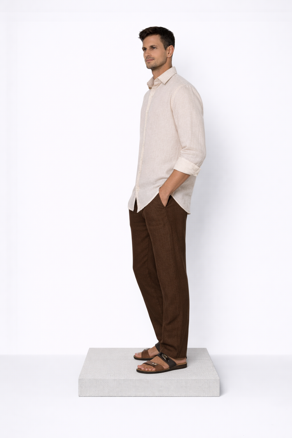 Side profile of off-white linen shirt for men by LININ