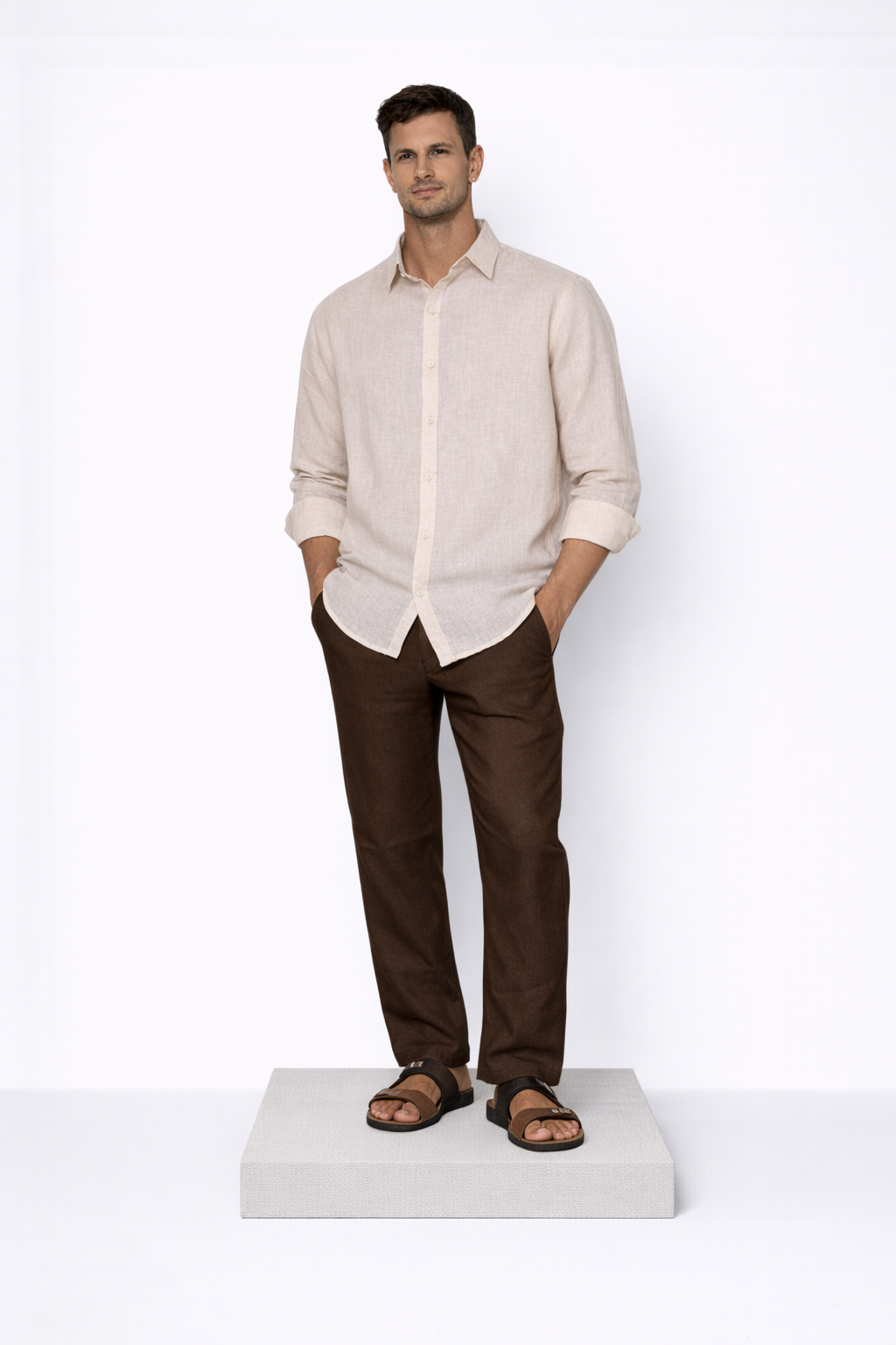 Model wearing off-white linen shirt for men from LININ