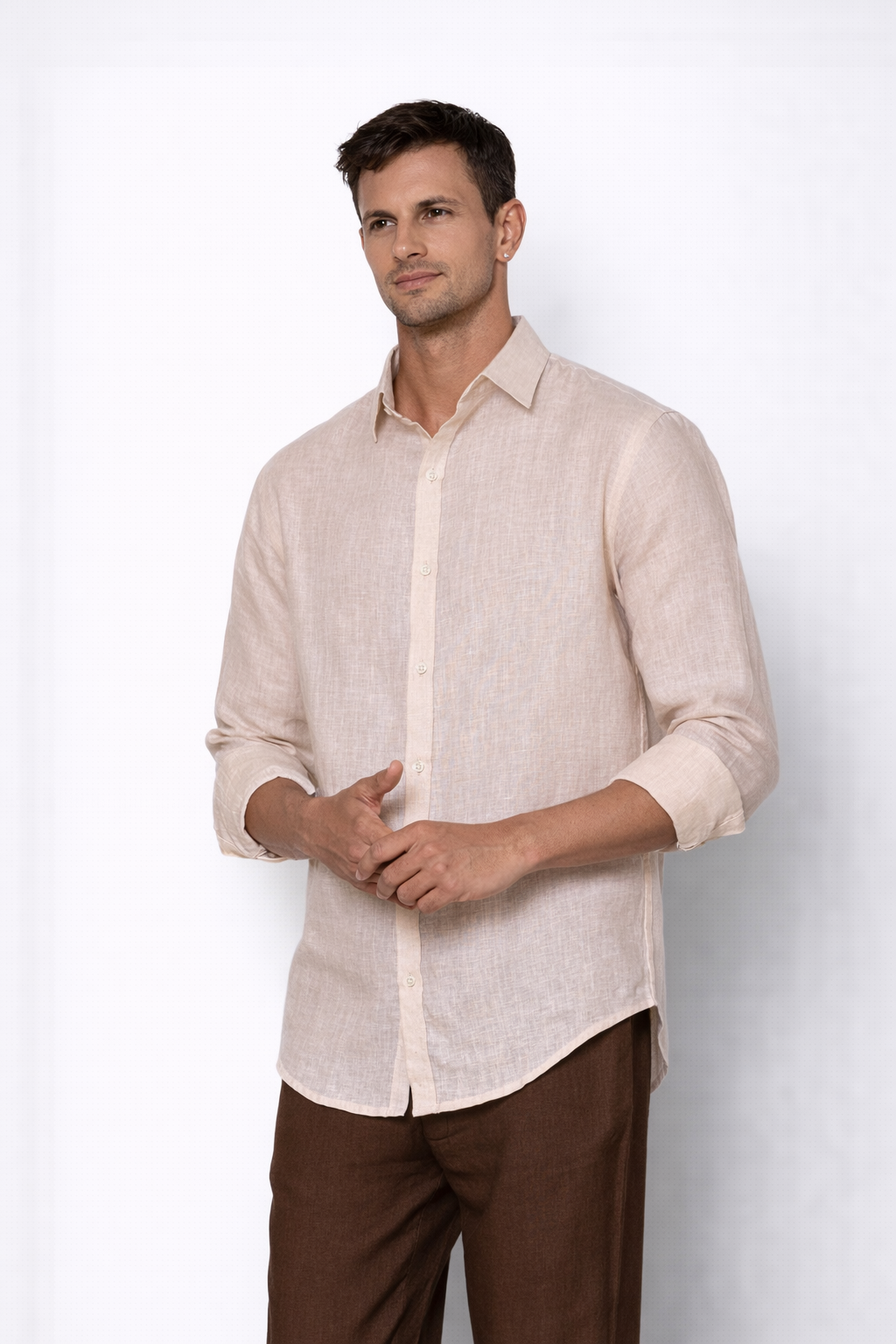 Off-white linen shirt for men by LININ – side view close up