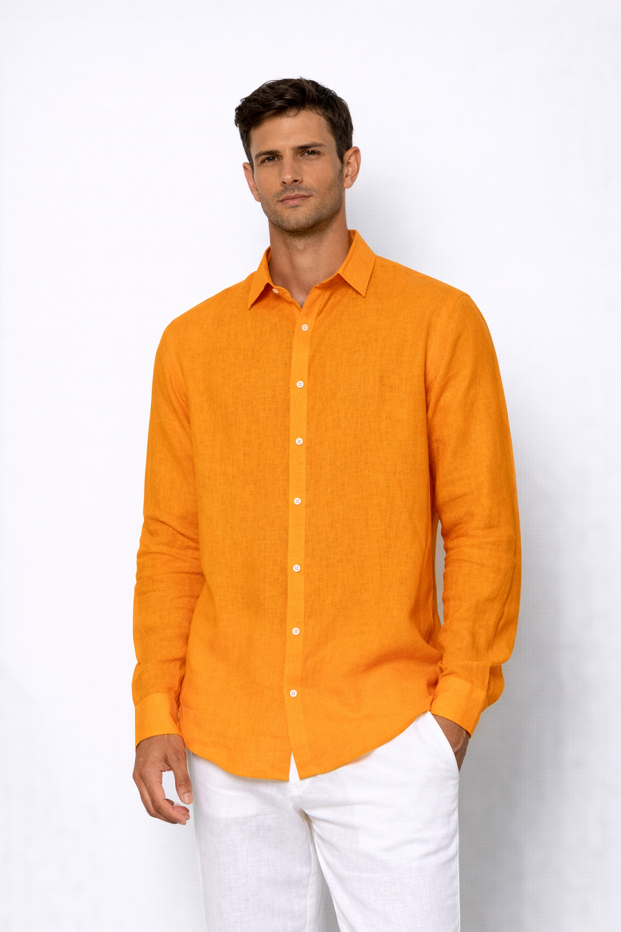 Orange linen shirt for men by LININ – front view