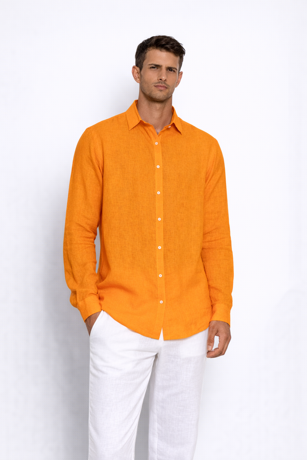 Close-up of linen fabric texture on orange men’s shirt by LININ