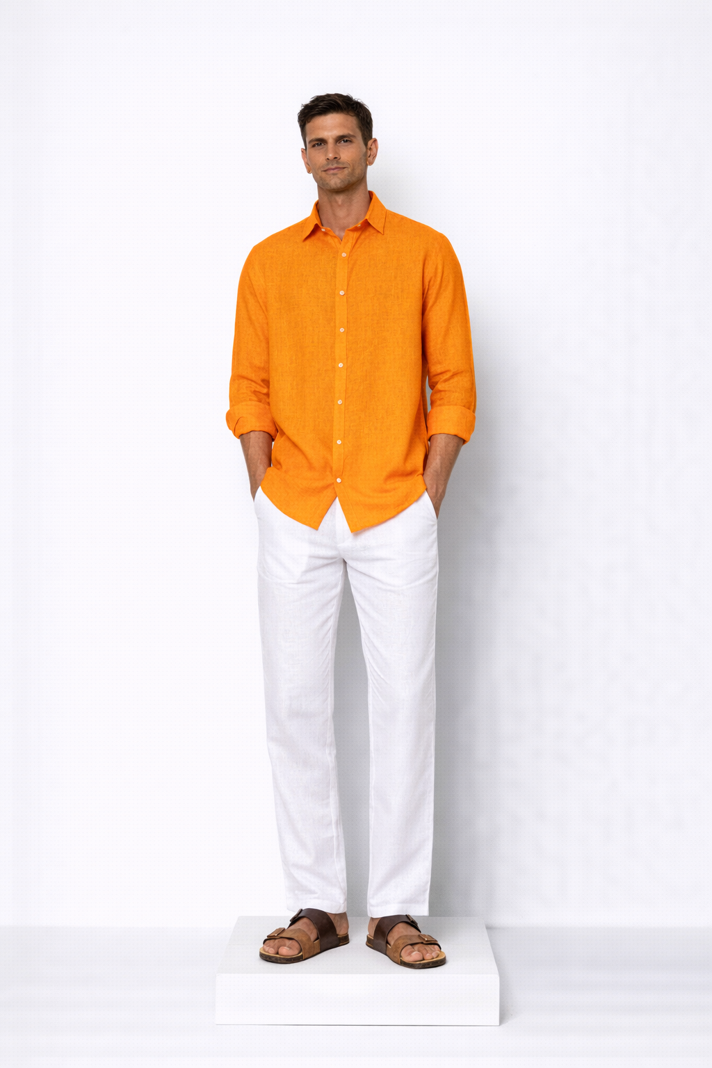 Model wearing orange linen shirt for men from LININ