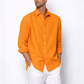 Side profile of orange linen shirt for men by LININ