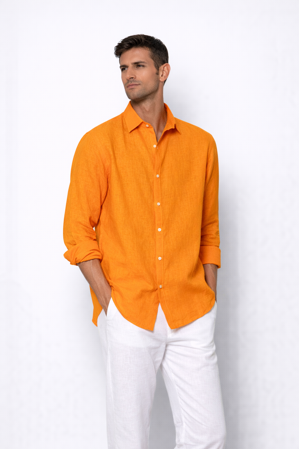 Side profile of orange linen shirt for men by LININ