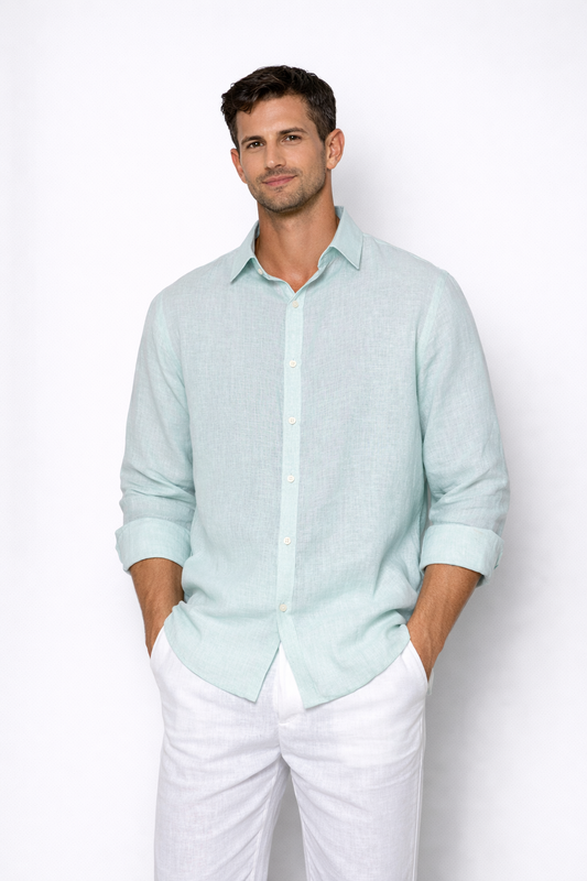 Powder blue linen shirt for men by LININ – front view