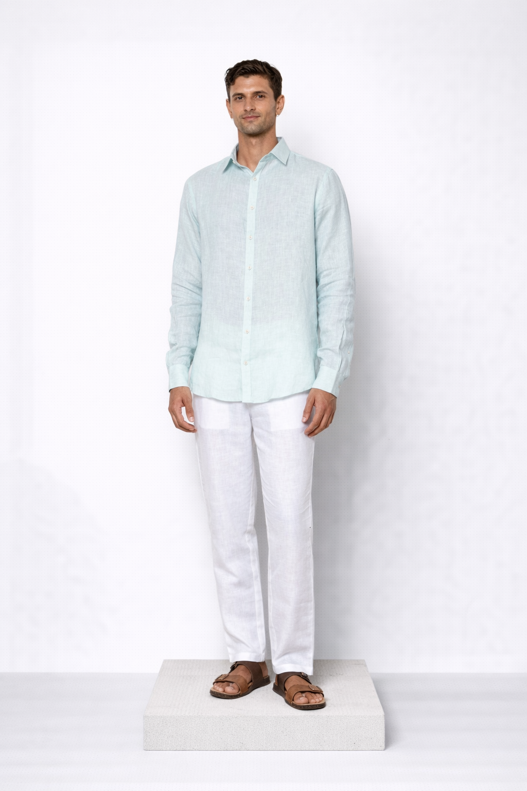 Powder blue linen shirt for men by LININ – front view full shot
