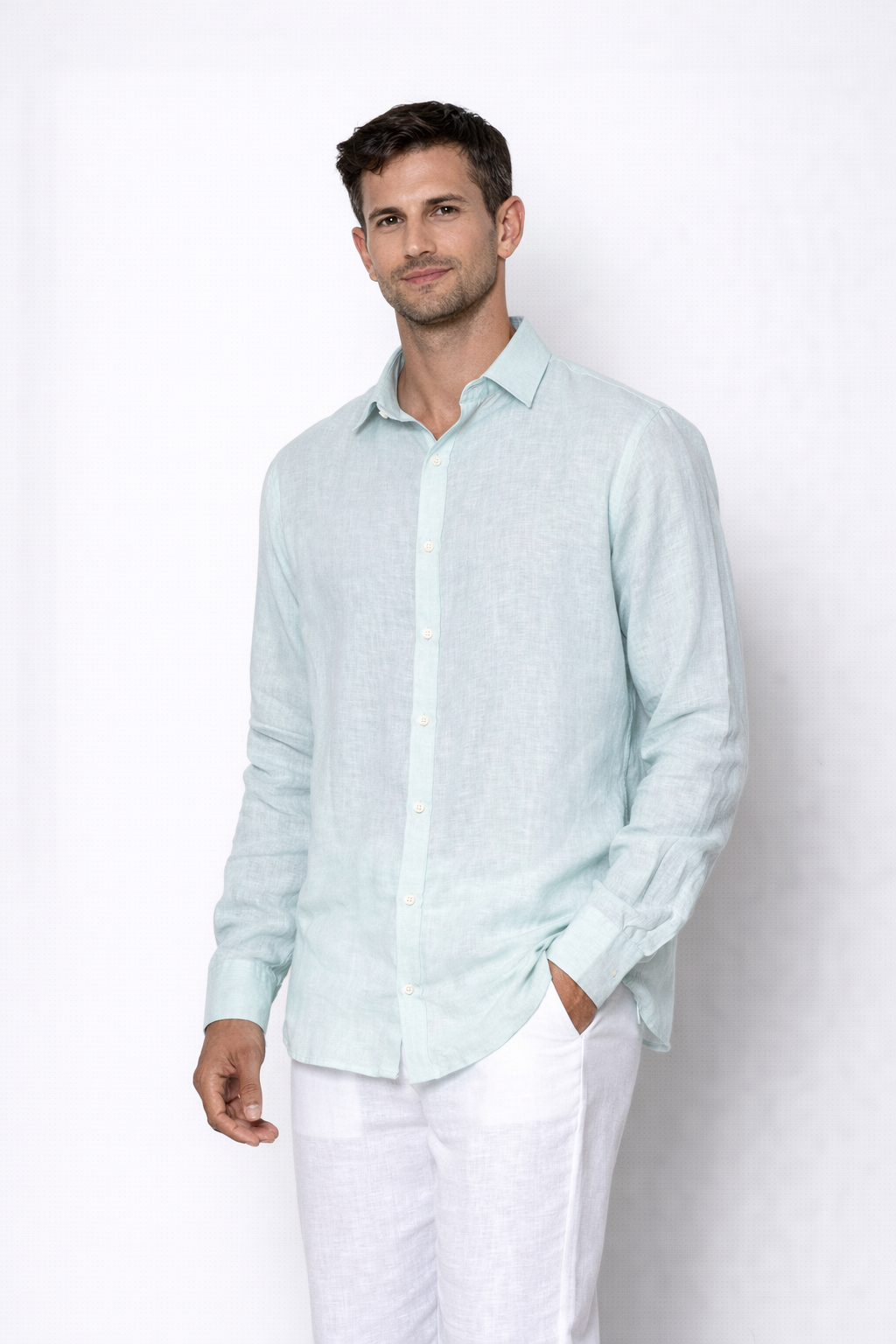 Close-up of linen fabric texture on powder blue men’s shirt by LININ