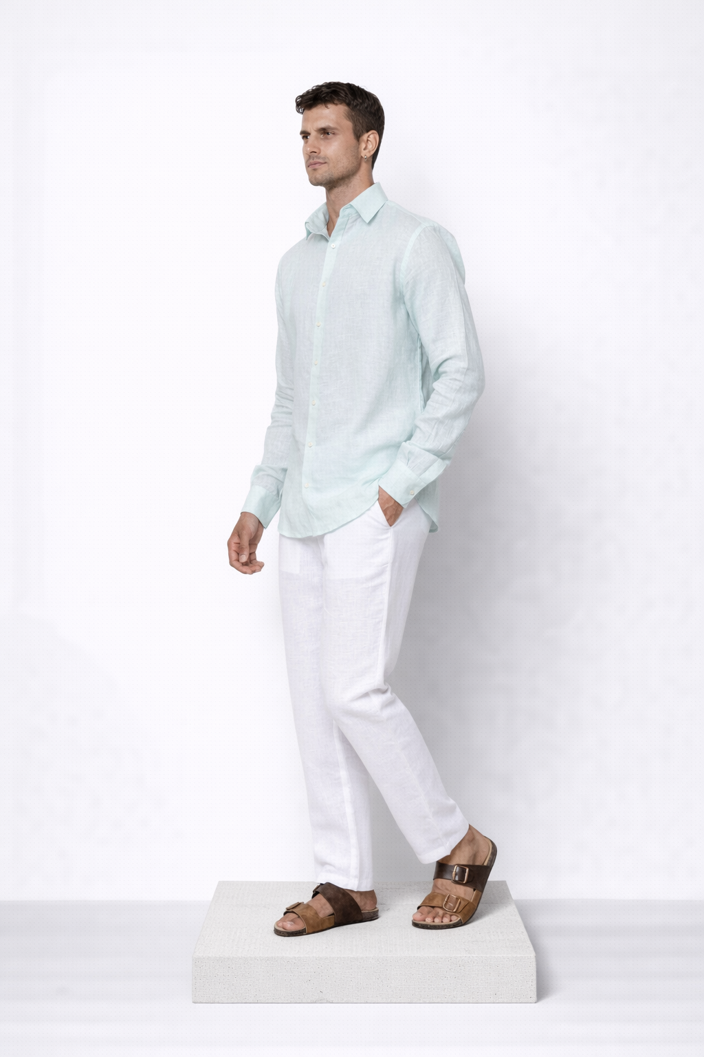 Powder blue linen shirt for men by LININ – side view shot