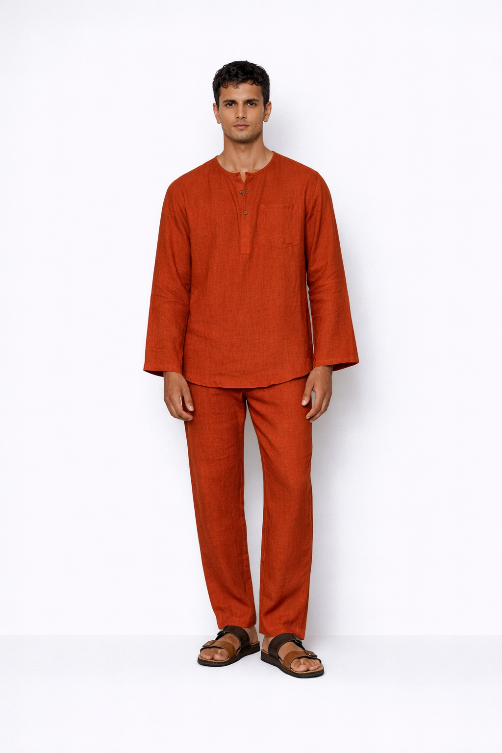 Rust linen pants for men by LININ – front view