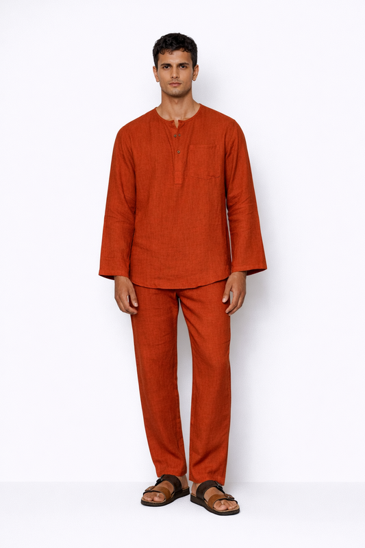 Rust linen short kurta set for men by LININ – front view