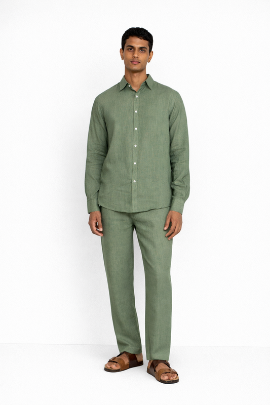 Sage green linen co-ord set for men by LININ – front view