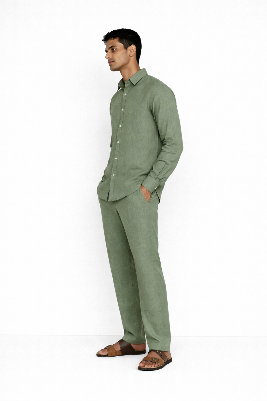 Side profile of sage green linen co-ord set for men by LININ