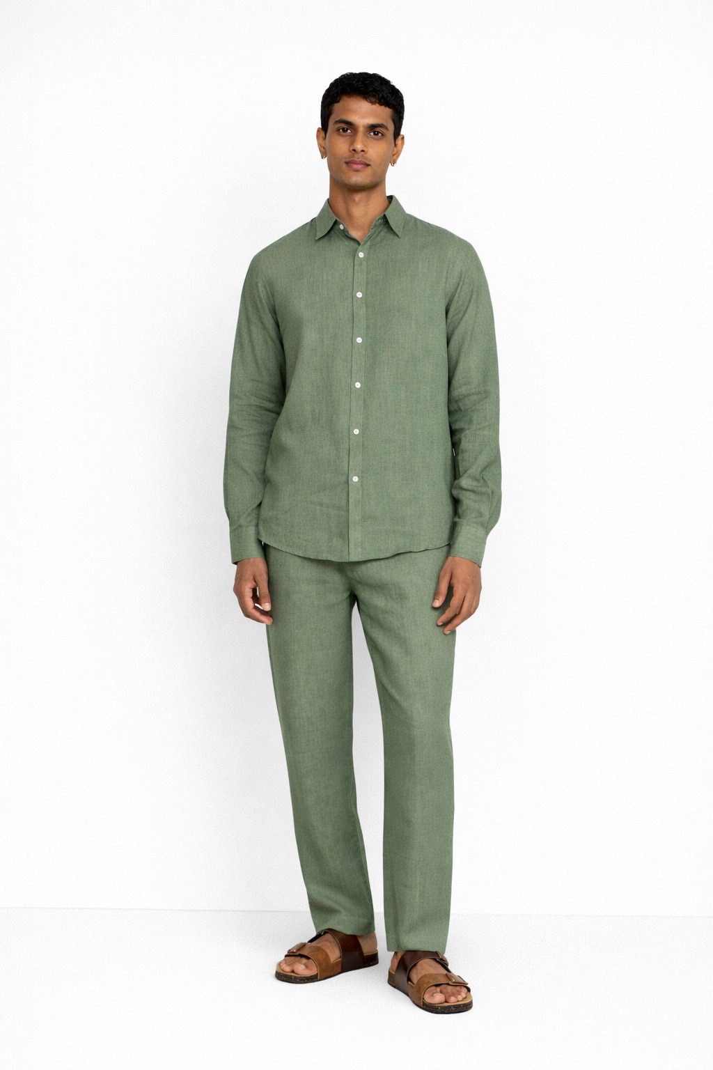 Sage green linen pants for men by LININ – front view