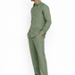 Side profile of sage green linen pants for men by LININ