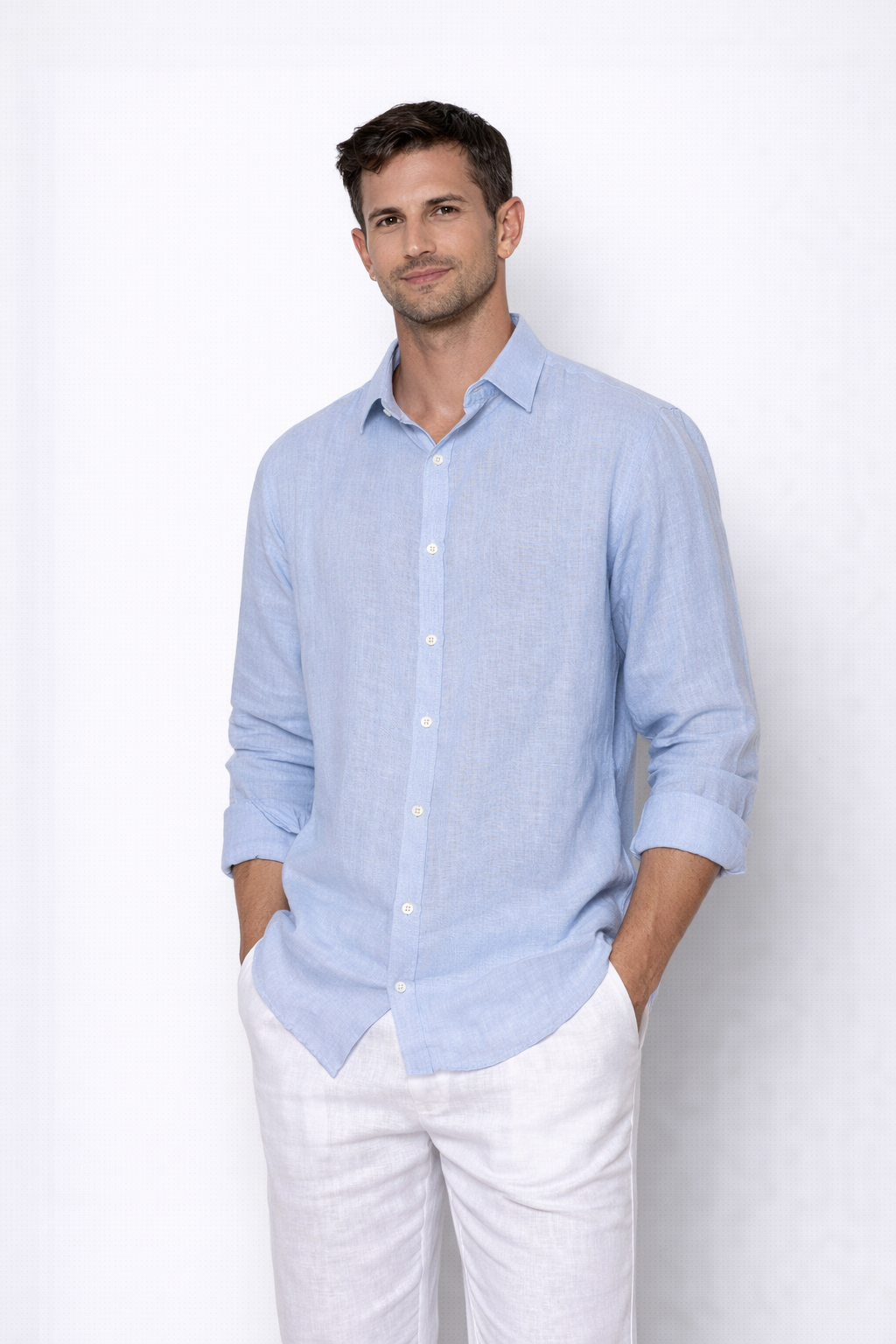 Sky blue linen shirt for men by LININ – front view