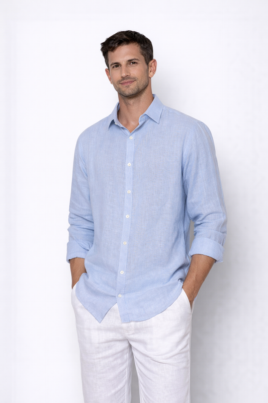 Sky blue linen shirt for men by LININ – front view