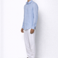 Side angle full shot of sky blue linen shirt for men by LININ