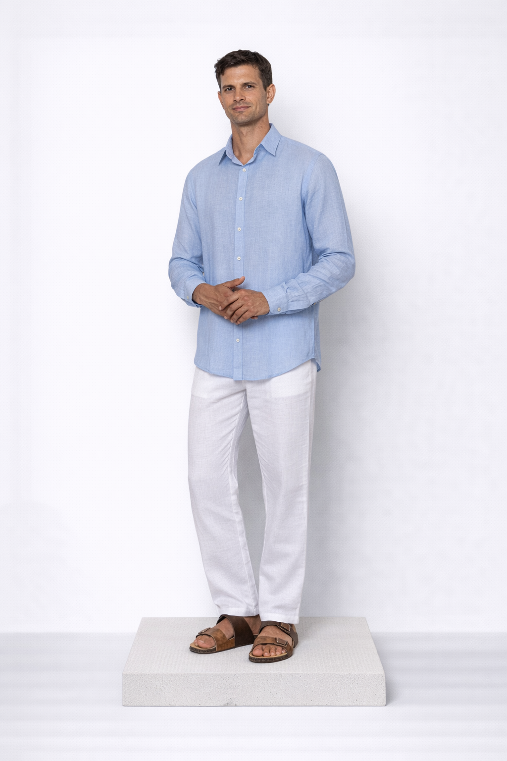 Model wearing sky blue linen shirt for men from LININ