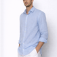 Side angle closeup of sky blue linen shirt for men by LININ