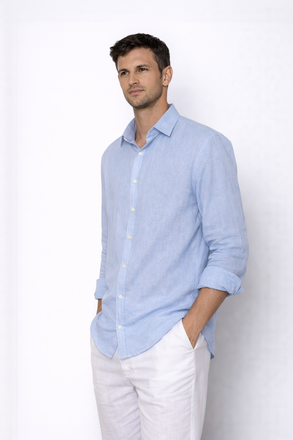 Side angle closeup of sky blue linen shirt for men by LININ