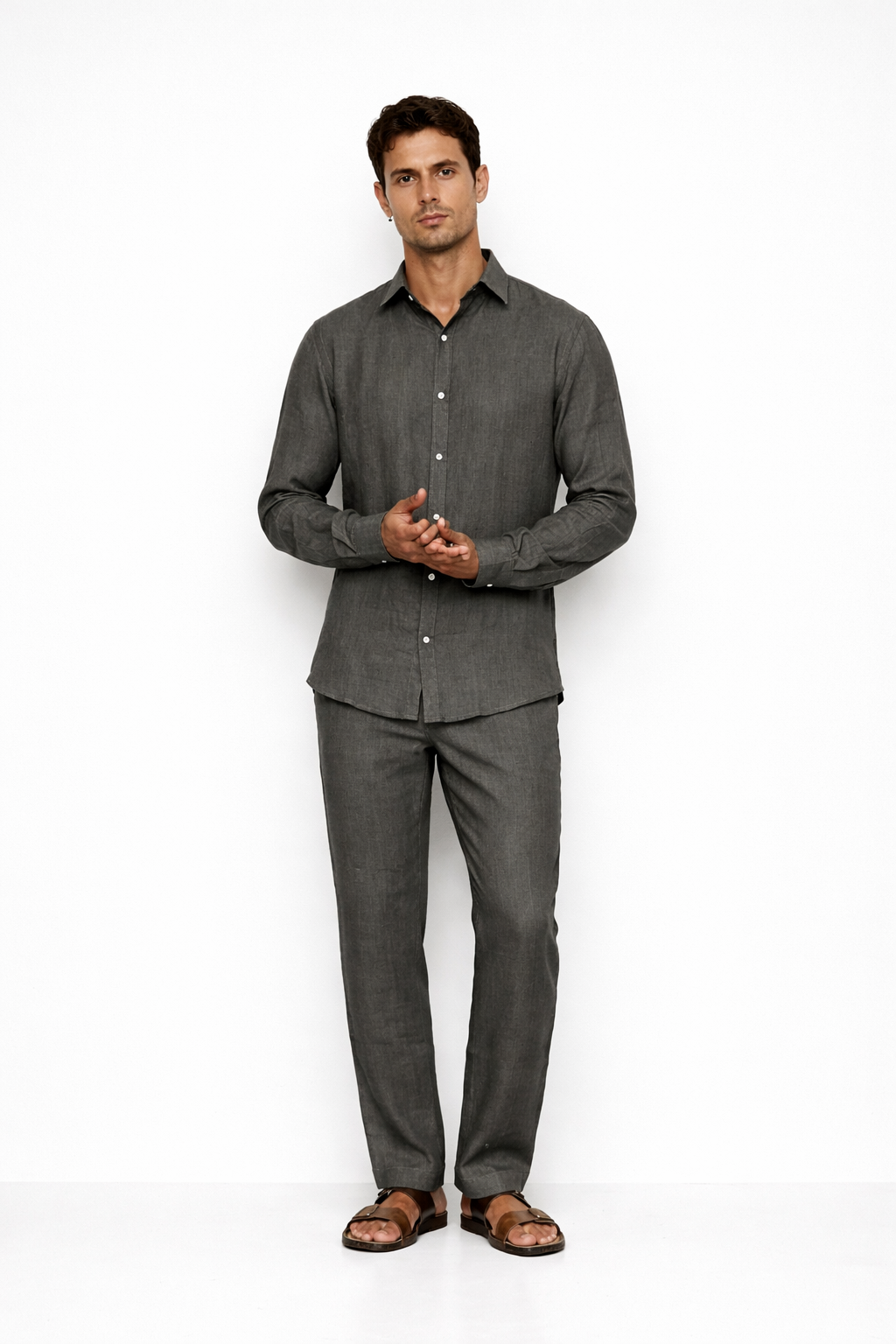 Steel grey linen co-ord set for men by LININ – front view