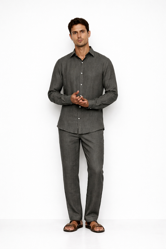 Steel grey linen co-ord set for men by LININ – front view