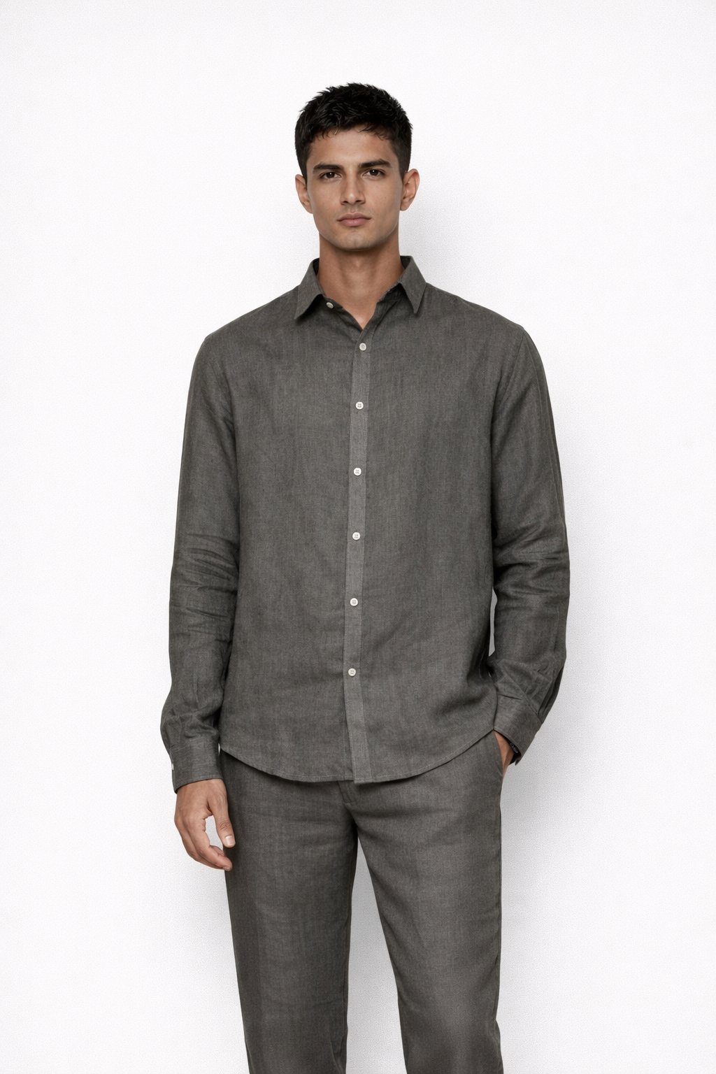 Model close-up of steel grey linen fabric texture on co-ord set by LININ