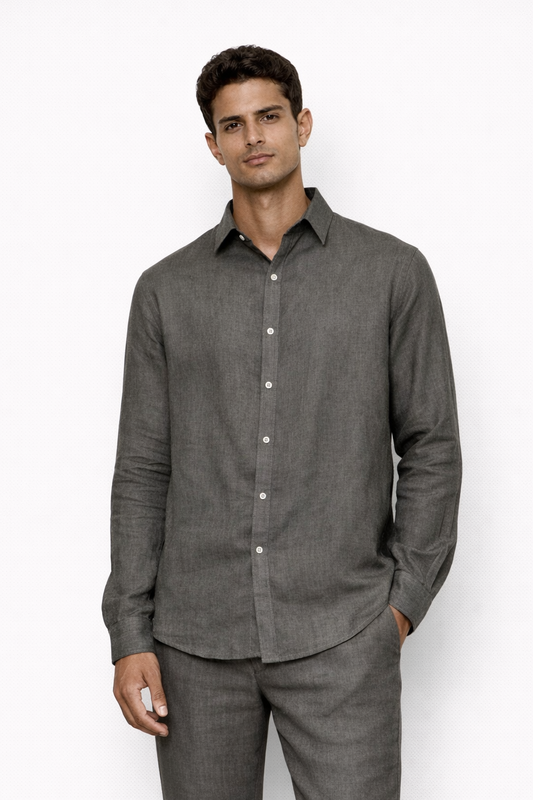 Steel grey linen shirt for men by LININ – front view