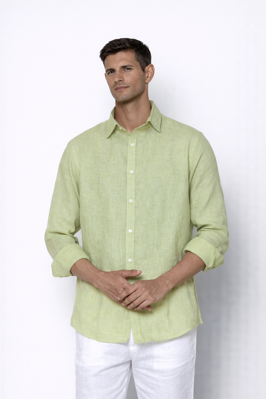 Close-up of linen fabric texture on willow green men’s shirt by LININ