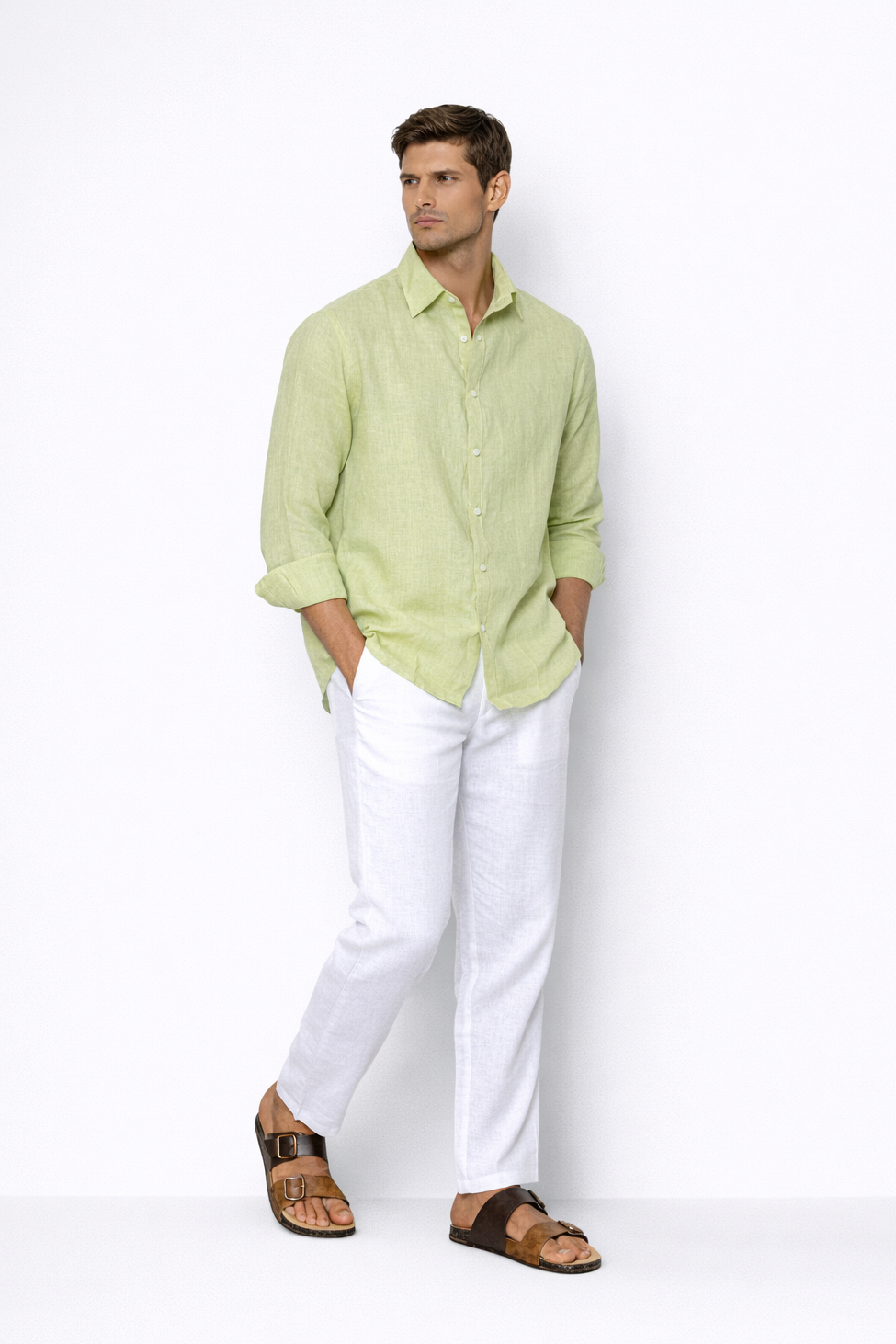 Side profile of willow green linen shirt for men by LININ