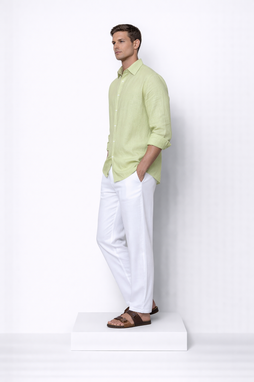 Willow green linen shirt for men by LININ – side view
